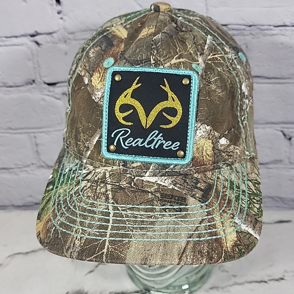 Realtree Hat Womens One Size Camo Teal Glitter Brand Logo Patch Snapback Cap